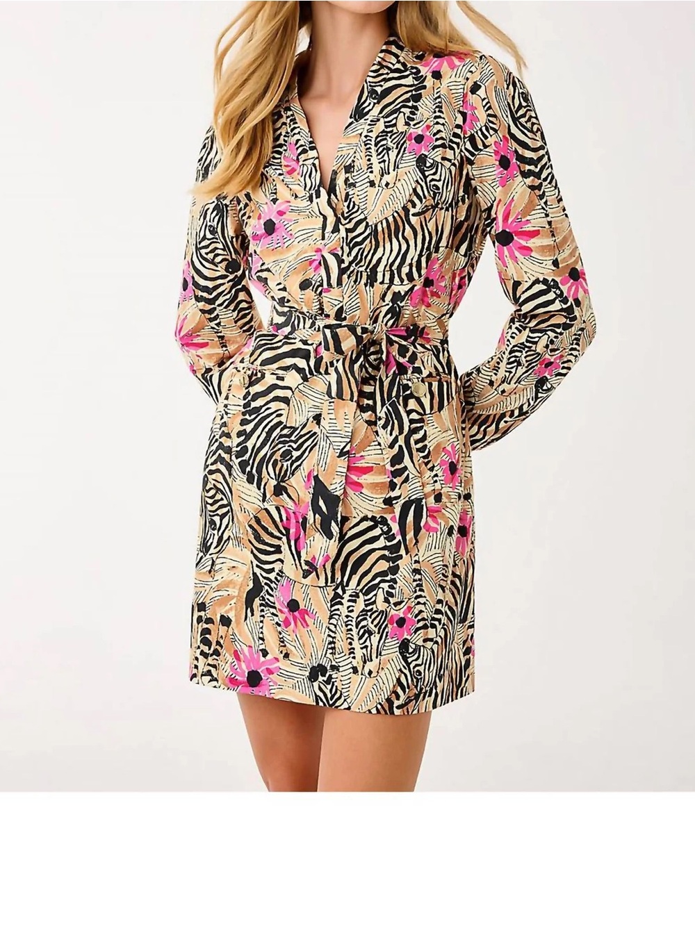 Lilly Pulitzer Pink Black Tan Floral Zebra Long Sleeve Shirt Dress With Belt Tie